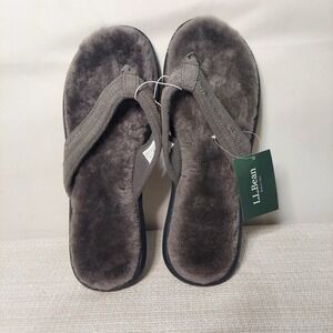 LL Bean Wicked Good Shearling Flip Flop Slippers Charcoal Gray Womens 11 290382